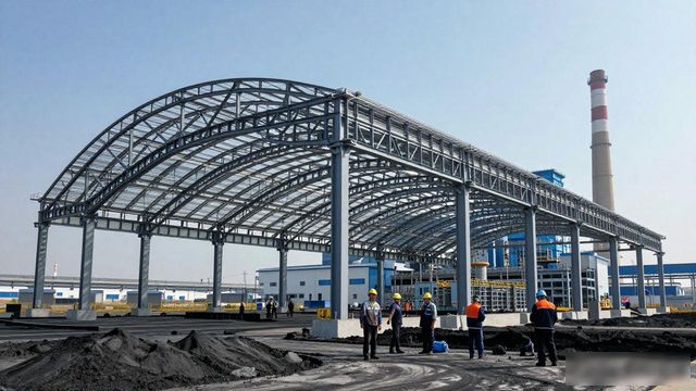 钢构_曲面钢网架施工技术_湖北武穴电厂封闭煤场